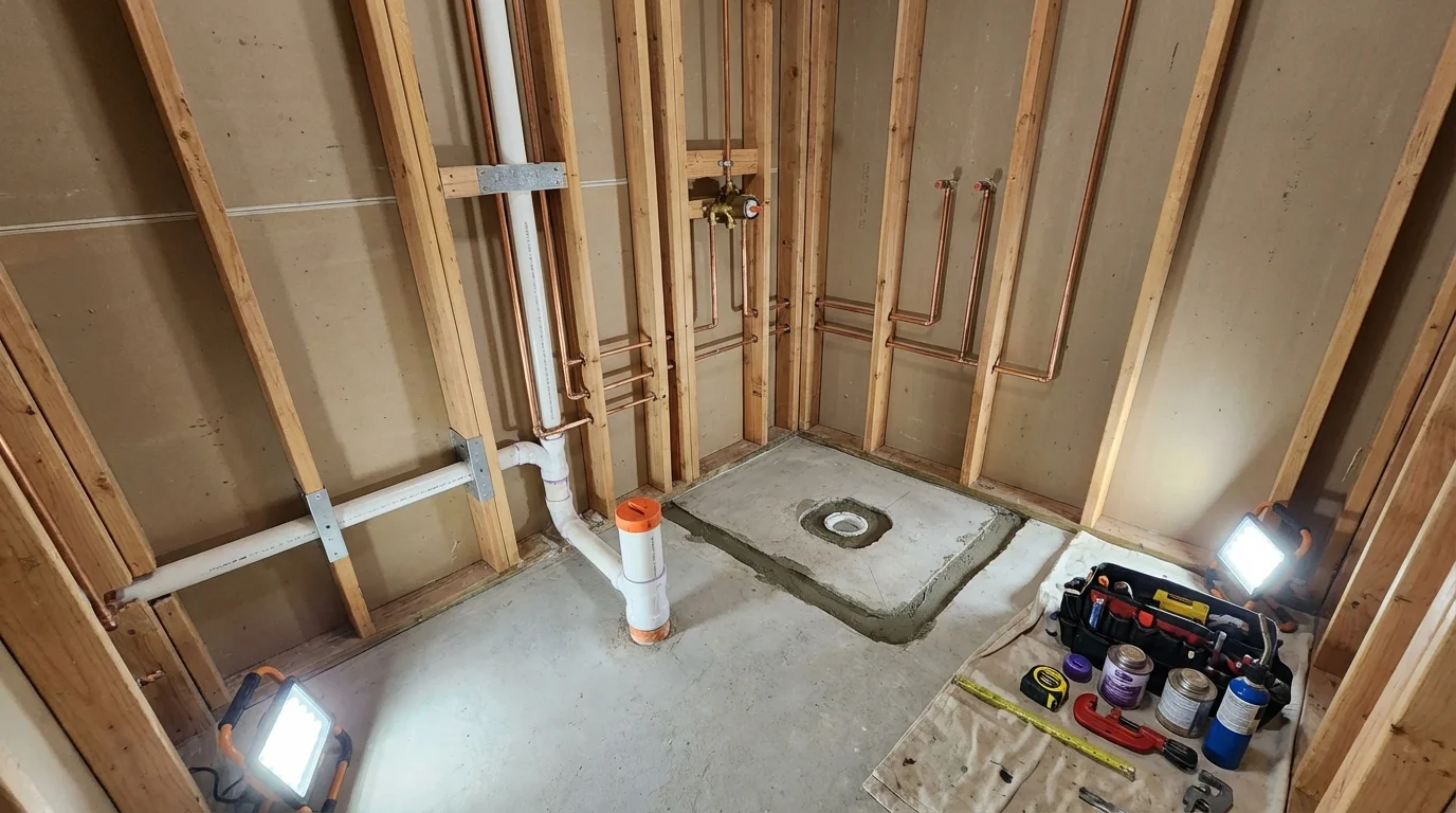 Bathroom rough-in plumbing during remodel by Johns Plumbing LLC in Eddyville