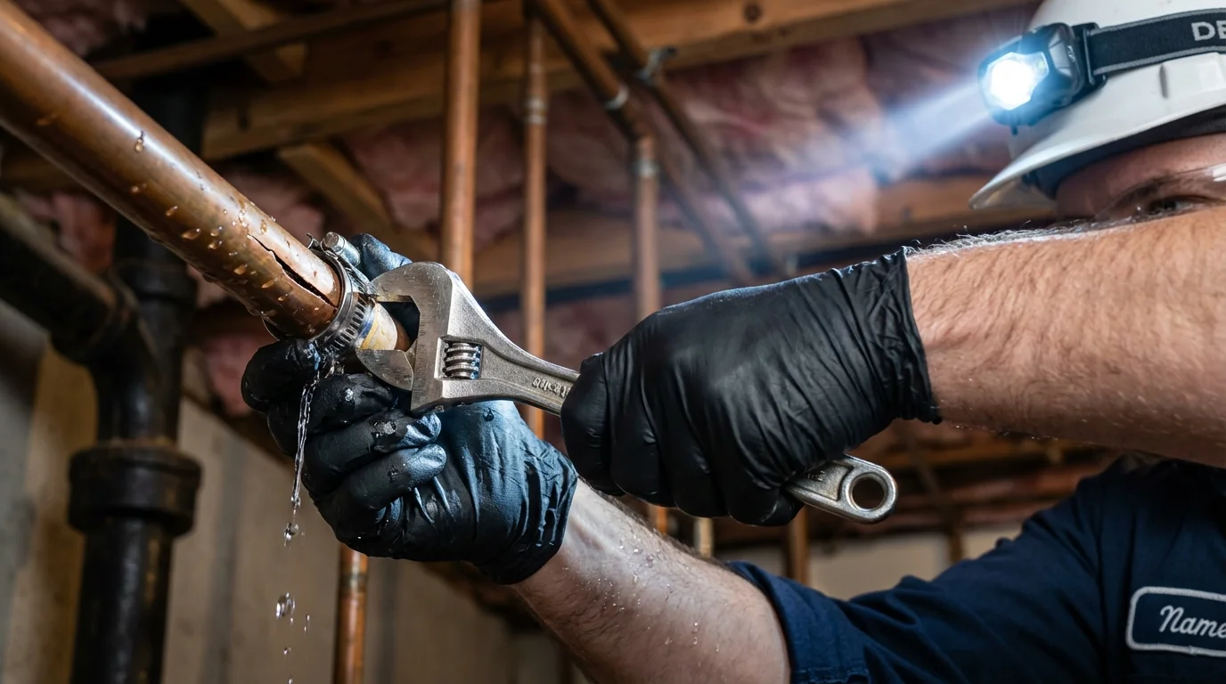Emergency pipe clamp repair being performed by a Johns Plumbing LLC plumber in Eddyville