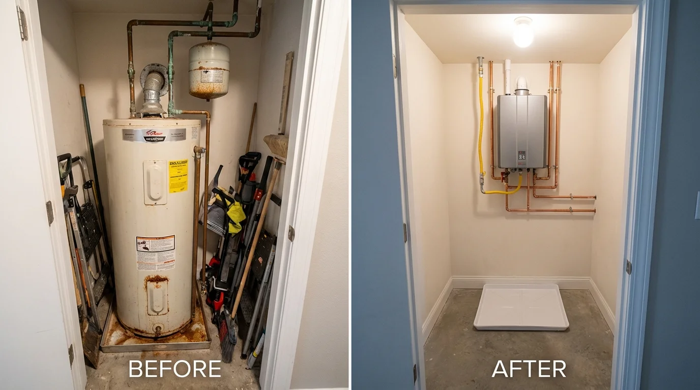 Tank water heater versus wall-mounted tankless unit comparison for Eddyville, IA homeowners