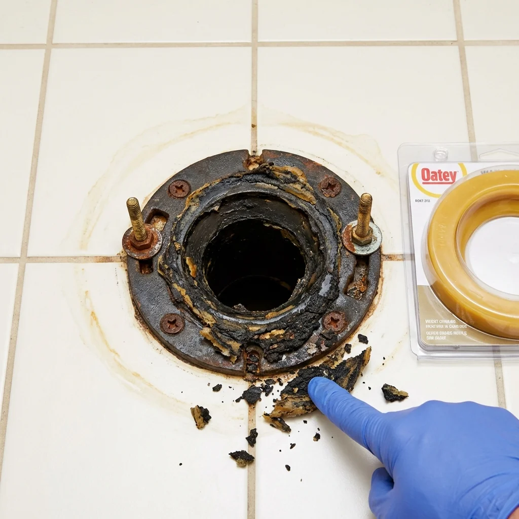 Failed wax ring showing water seepage at the base of a toilet in a Eddyville, IA home