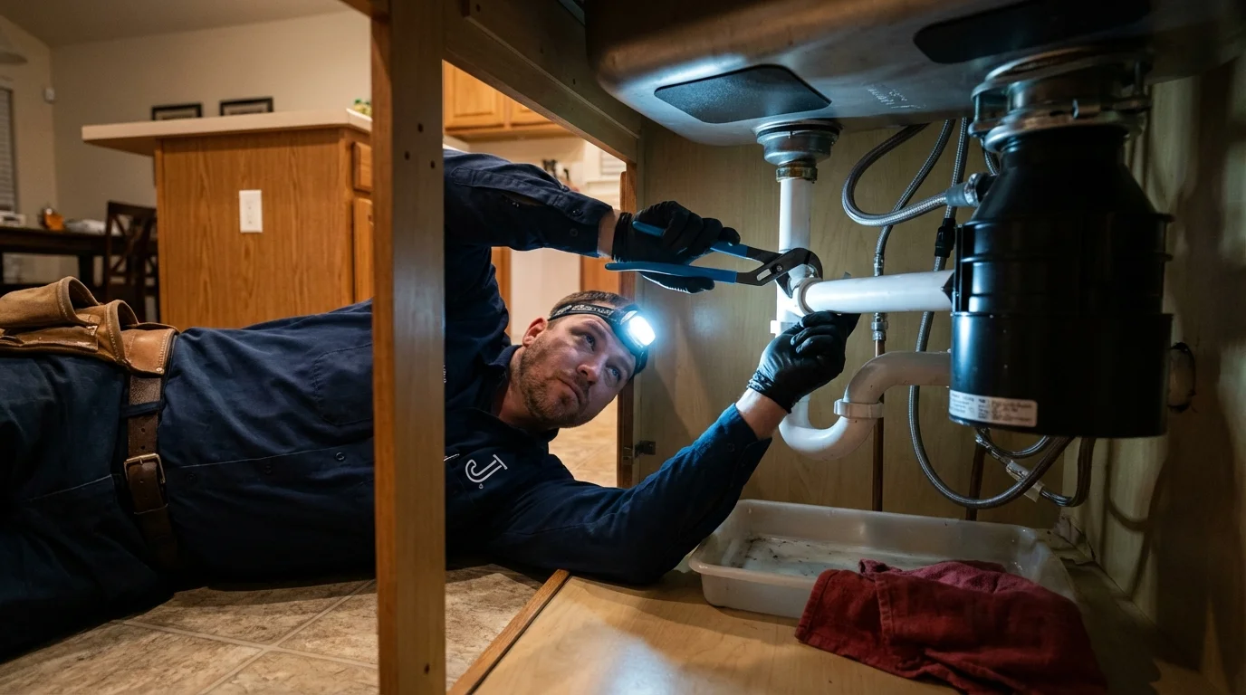 P-trap and supply line connections under a kitchen sink showing a common leak point in Eddyville, IA
